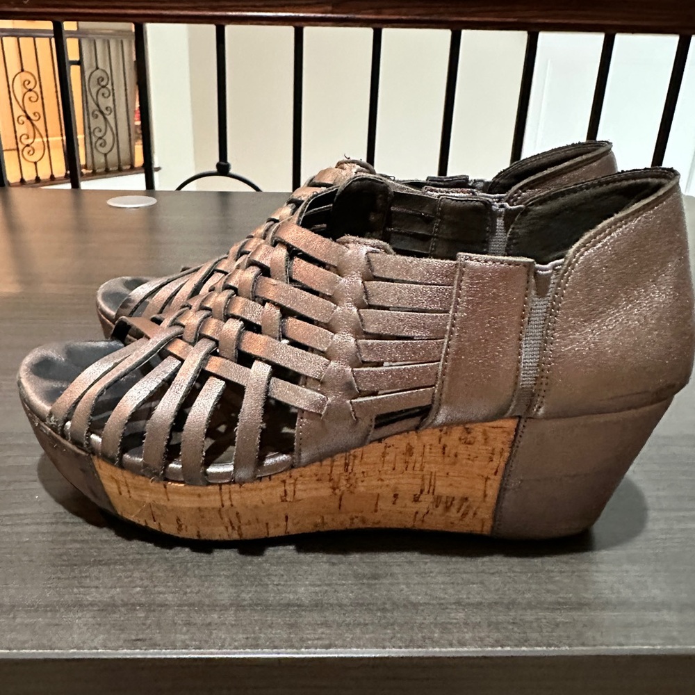 Elegant Pewter Woven Wedge Sandals